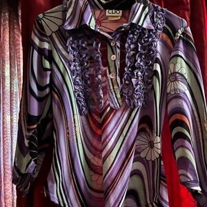 Clio White and Blue Ruffled 3/4 Sleeve Polo Top